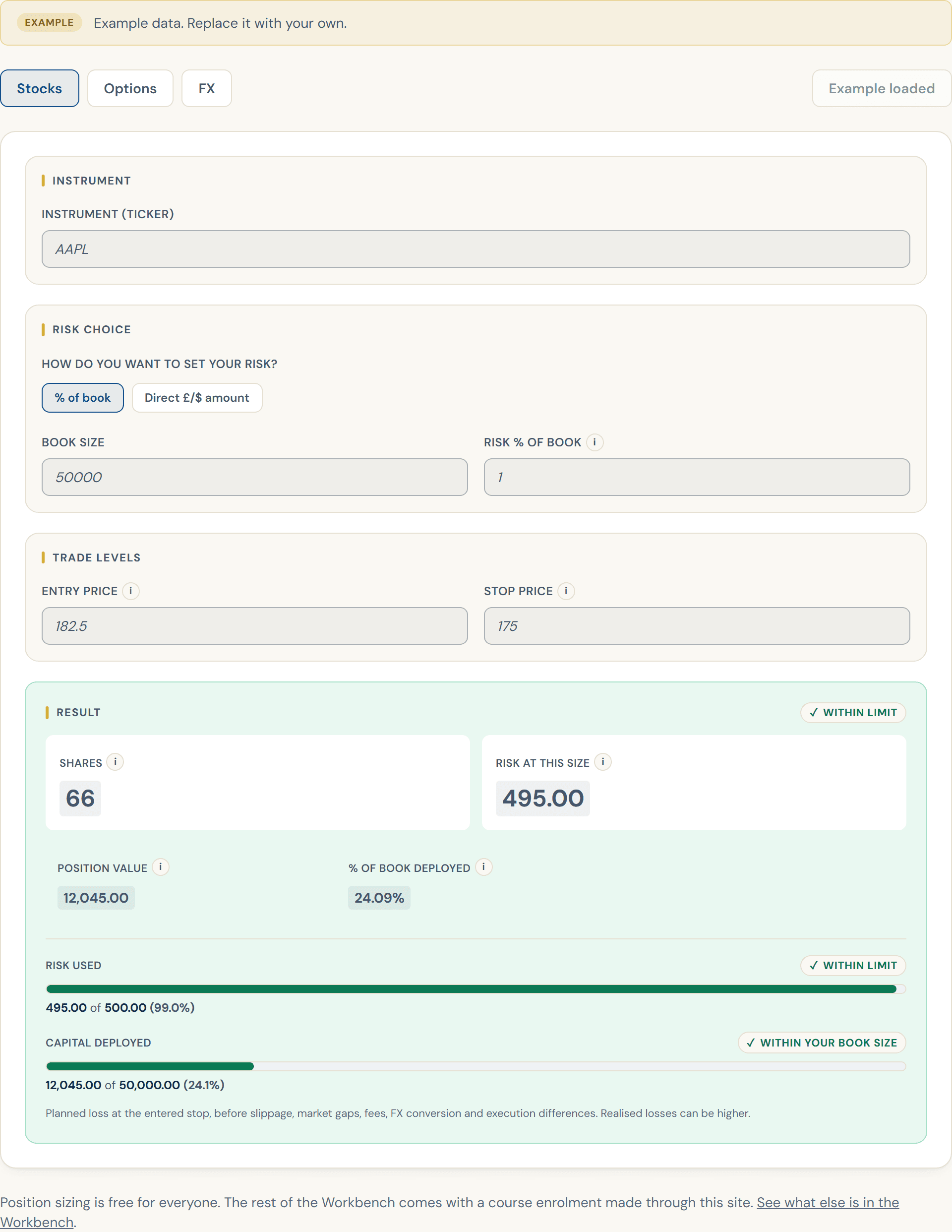 Position Sizer: demo view with example data