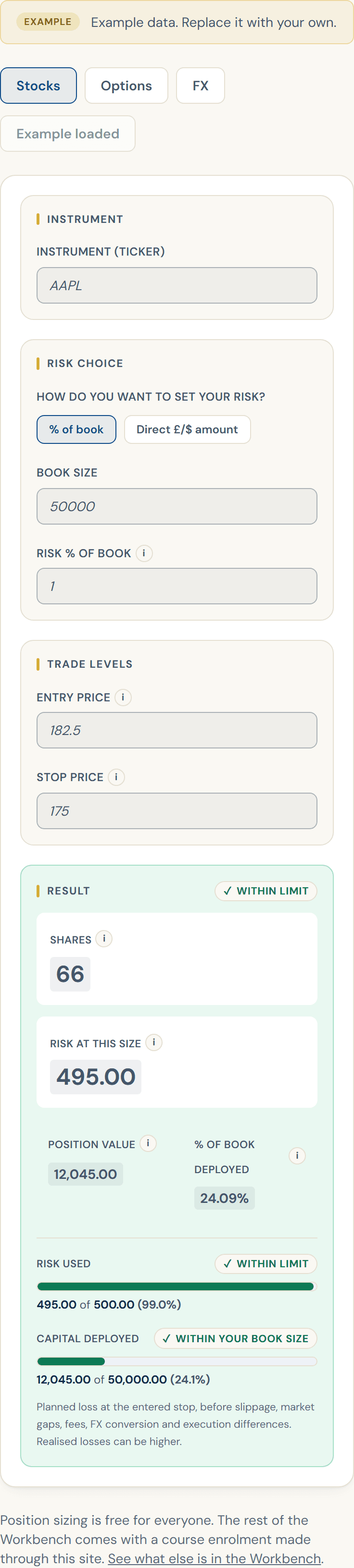 Position Sizer: demo view with example data